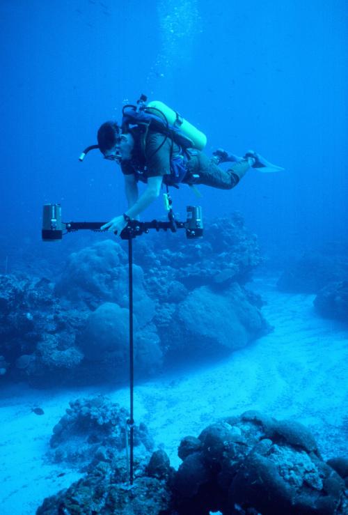 Repetitive camera frame used to obtain same bottom monitoring image over time. Here used on the West Flower Garden Bank during first long-term monitoring study in 1989 funded by MMS to Texas A&M University. Steve Gittings taking photo who becomes first manager of the Flower Garden banks National Marine Sanctuary in 1992. (Photo by Gregory S Boland)