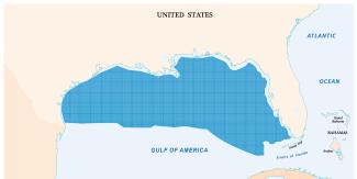 Launch points in the Gulf of America shown in dark blue