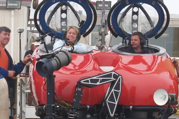 Launching Deepworker submersible for another dive off California platforms