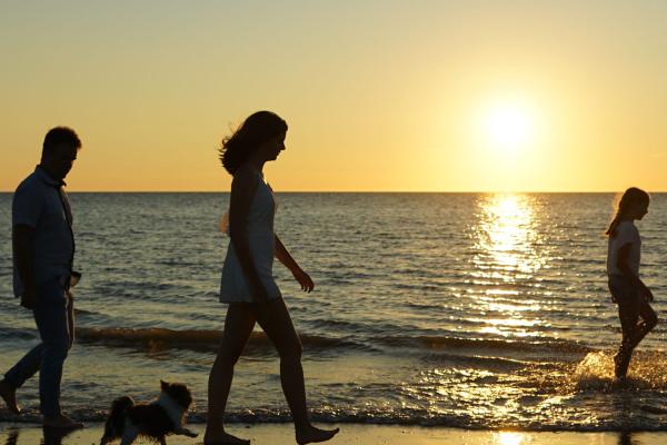 On the beach a family is making a beautiful silhouette walk during the sunset or sunrise