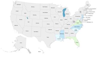 A map of the US, with the states of LA, FL, SC, NC, VA, MD, and NJ highlighted.