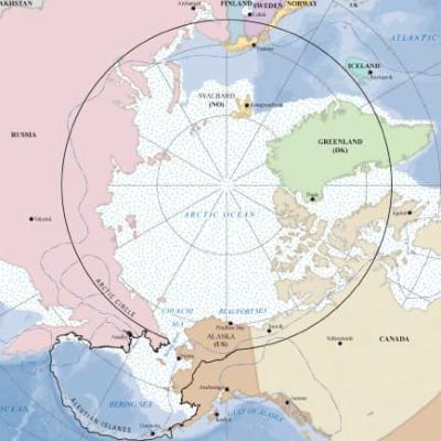 Map centered on the artic circle highlighting countries and territories within the circle.