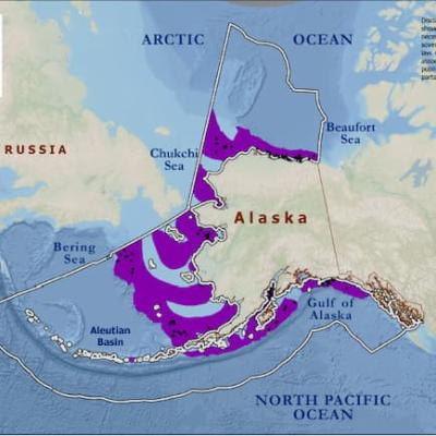 Map focused on Alaska with highlighted areas in the ocean surrounding Alaska