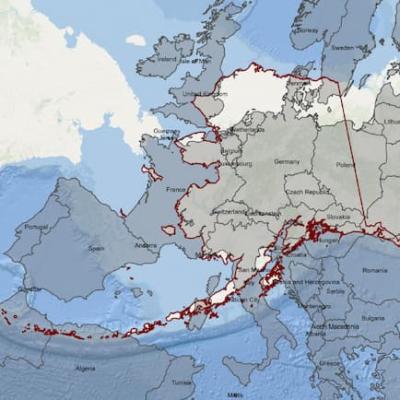 Map focused on Europe with Alaska's outline placed on top, showing Alaska having more than half of Europe's land area.