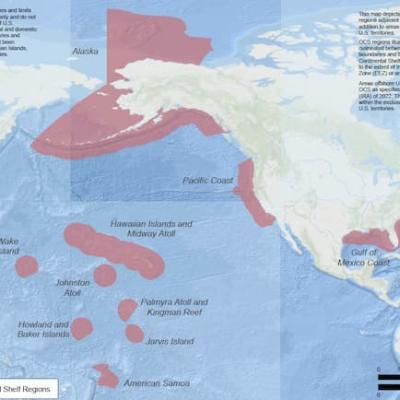 A map focused on Alaska, with highlighted areas indicated the outer continental shelf