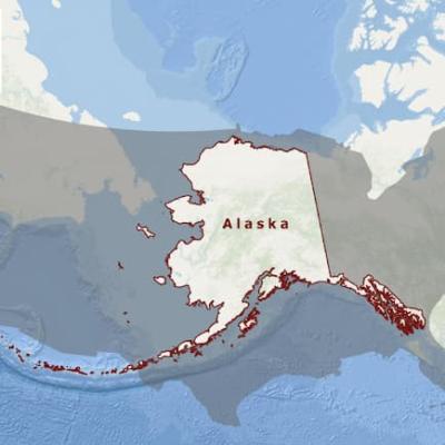 Map focused on Alaska with a shadowed outline of the continental US overlayed showing Alaska representing nearly half of the continental US's land area