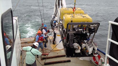 Recovering the ROV after a successful dive.