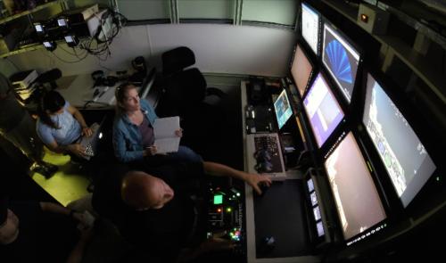 Co-Principal Investigators (L-R) Dr. Leila Hamdan (GMU) and Melanie Damour (BOEM) in the Global Explorer ROV control van.