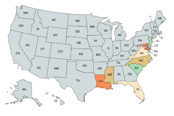 A map of the US, with the states of LA, FL, SC, NC, VA, MD, and NJ highlighted.