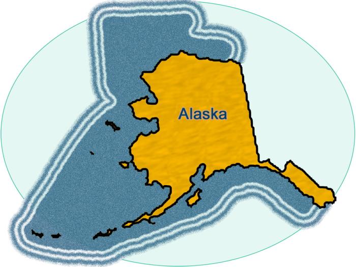 Stylized graphic of a map of Alaska surrounded by an approximation of the OCS boundary for that BOEM region.