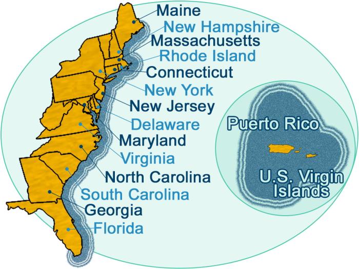 Stylized graphic of a map of the US Eastern seaboard states surrounded by an approximation of the OCS boundary for that BOEM region, including Puerto Rico.