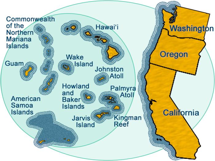 Stylized graphic of a map of the West coast state, Hawaii, and Pacific island territories surrounded by an approximation of the OCS boundary for that BOEM region.