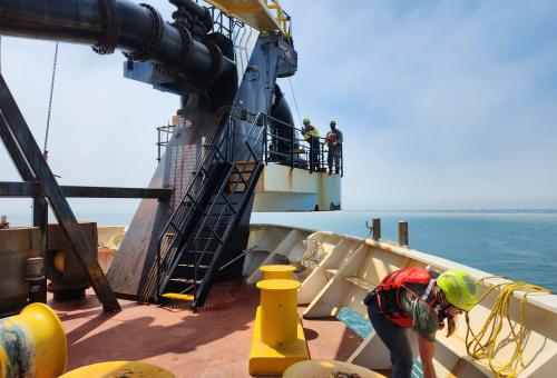 Bow of a hopper dredge.